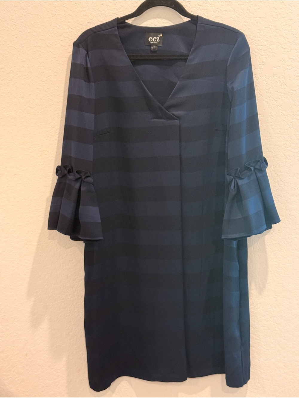 ECI Navy and Dark Blue Striped V-Neck Bell‎ Sleeve Dress